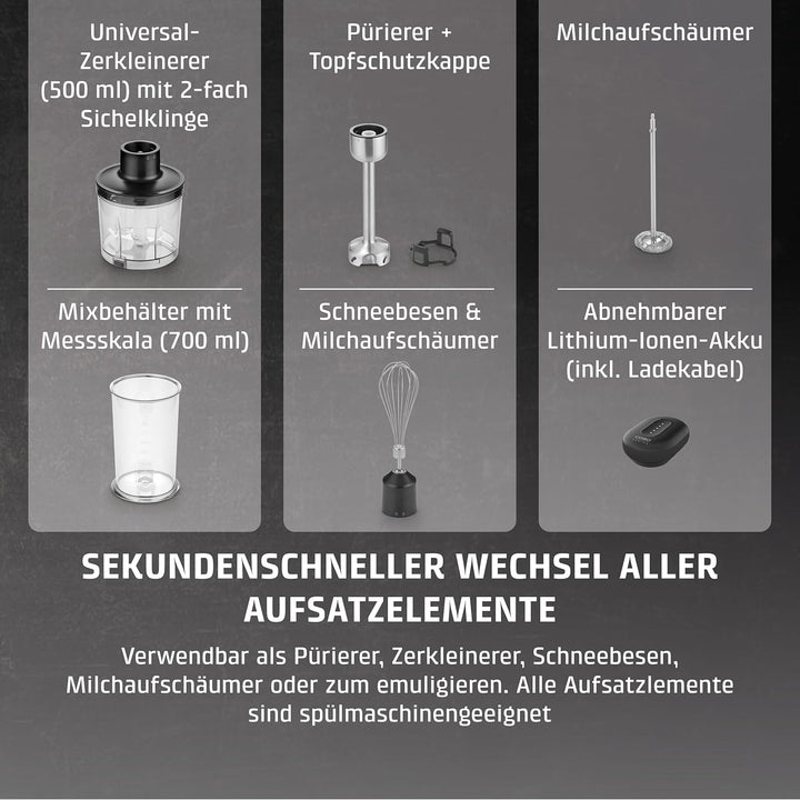 CASO Click & Mash - kabelloses 4 in 1 Stabmixer Set, akkubetrieben, verwendbar als Pürierer, Zerklei