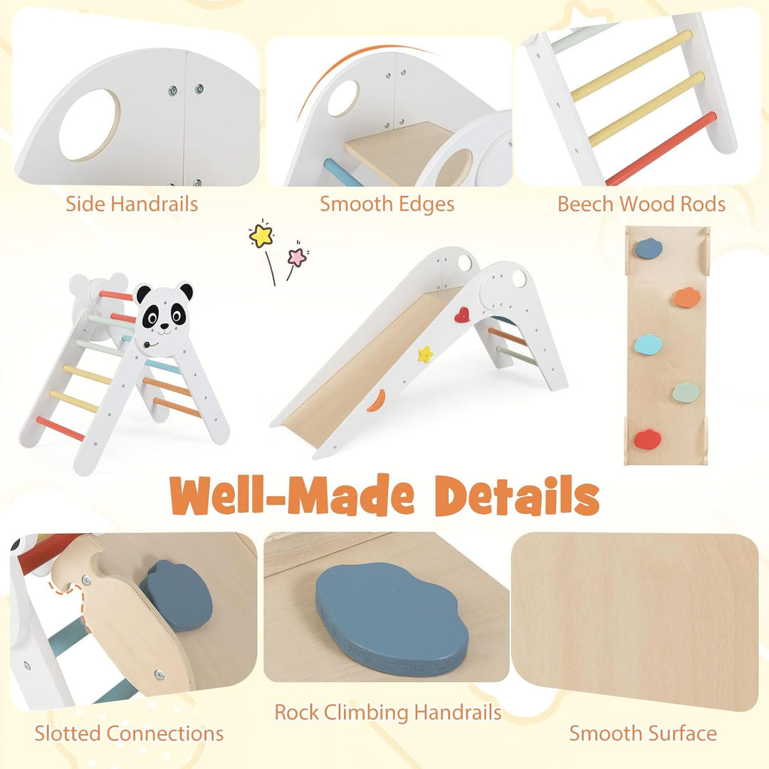 FANTASK Kletterdreiecke Indoor 3er Set, Klappbares Klettergerüst Holz mit Rutsche, Rampe & Kletterle