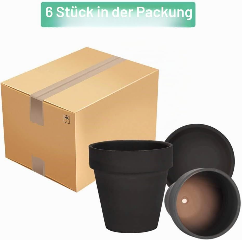 vensovo 10,2cm Schwarzer Tontopf für Pflanzen mit Untertasse - 6er Pack Kleiner Terrakotta-Pflanzent