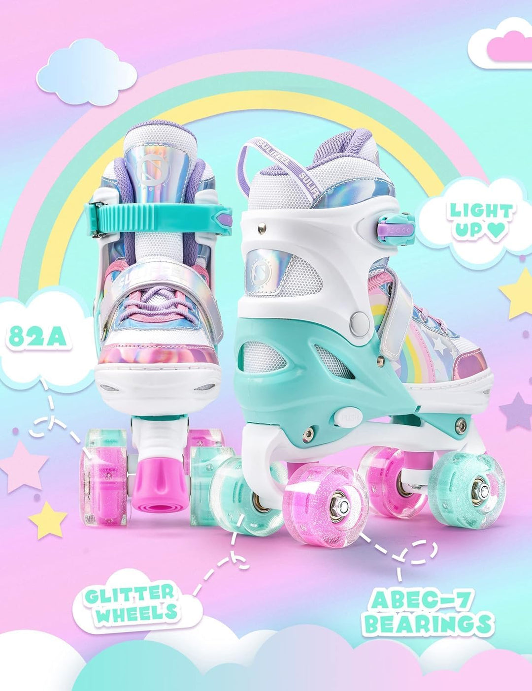 SULIFEEL Rainbow Unicorn Verstellbare Rollschuhe für Kinder mit Leuchtenden Rädern für Mädchen und J