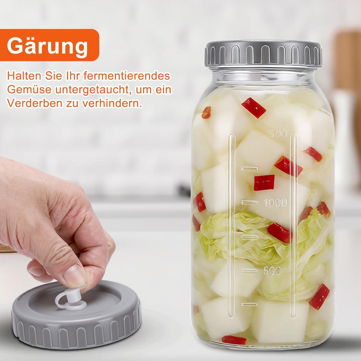 2 Stück Fermentierglas, 2L Fermentiergläser mit Luftschleuse Deckel und Gewicht, Fermentationsglas f