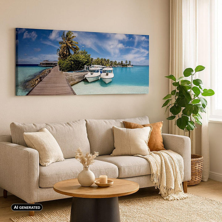Bilder auf Leinwand 100x40cm Leinwandbild Maledische Insel Archipel Ozean Hütte Gross Wanddeko Bild