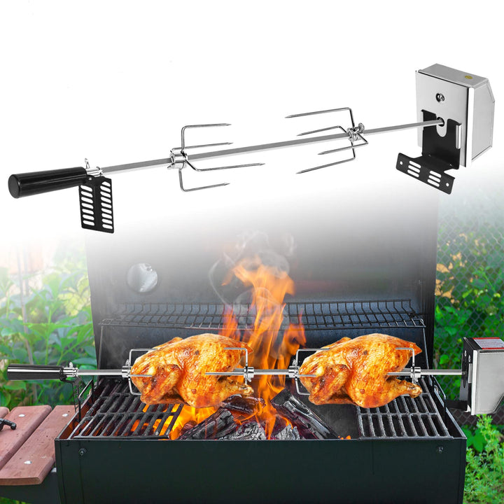 ACXIN Edelstahl Grillspiess Set 107cm mit Motor inkl. Fleischnadeln Elektrischer Drehspiess, Elektri