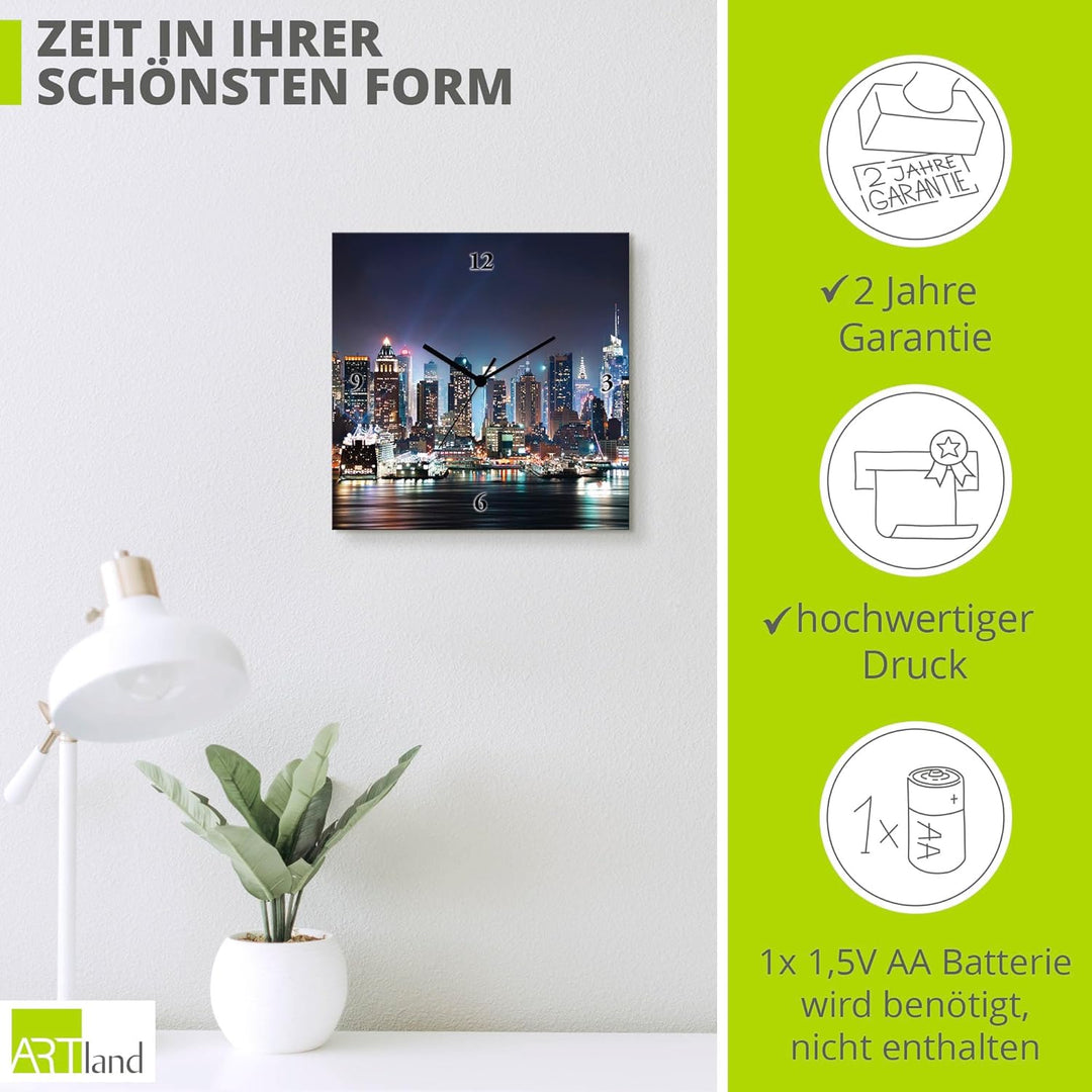 ARTLAND Wanduhr ohne Tickgeräusche Leinwand Quarzuhr 30x30 cm Quadratisch Lautlos New York City Time