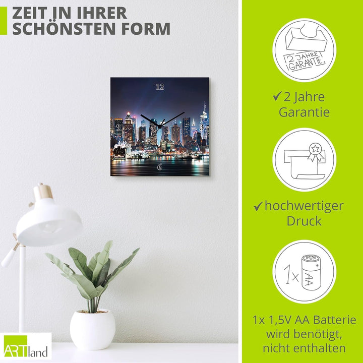 ARTLAND Wanduhr ohne Tickgeräusche Leinwand Quarzuhr 30x30 cm Quadratisch Lautlos New York City Time