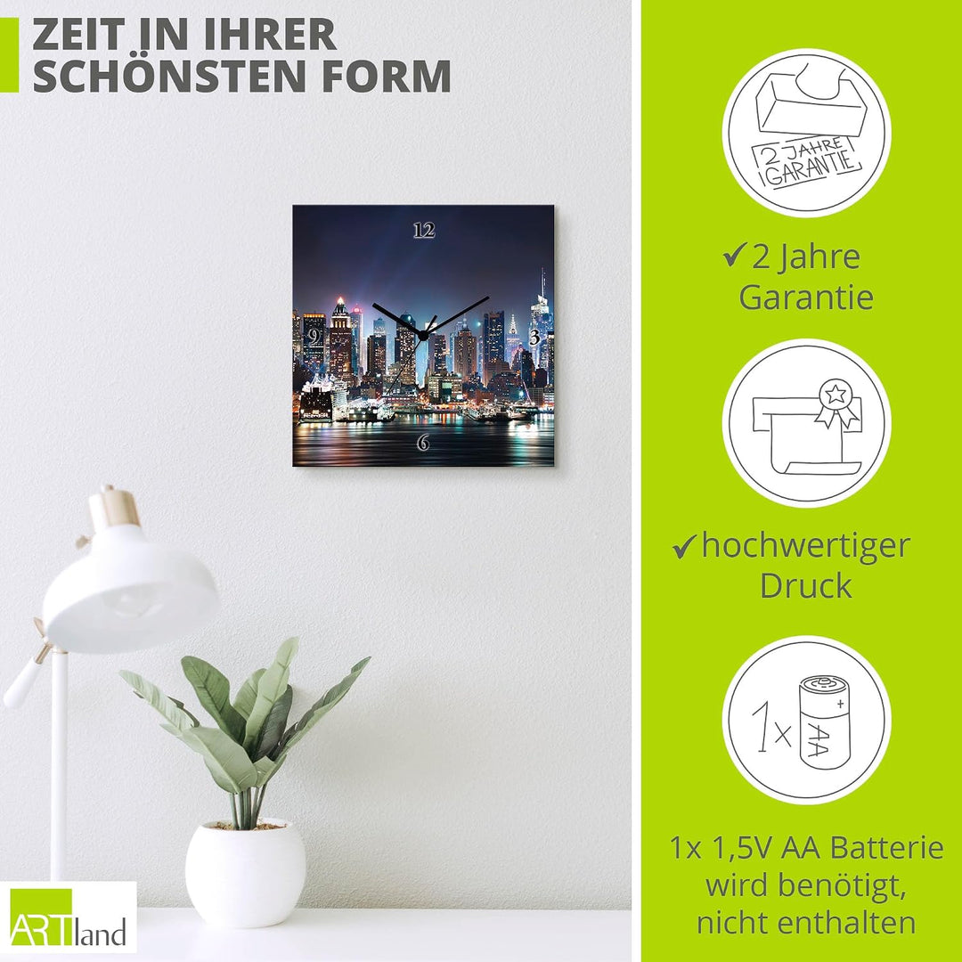 ARTLAND Wanduhr ohne Tickgeräusche Leinwand Quarzuhr 30x30 cm Quadratisch Lautlos New York City Time