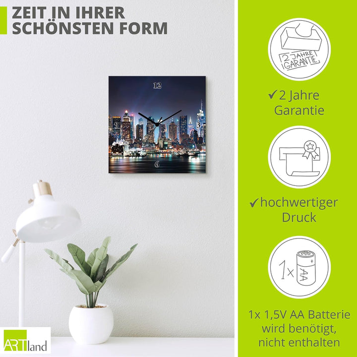 ARTLAND Wanduhr ohne Tickgeräusche Leinwand Quarzuhr 30x30 cm Quadratisch Lautlos New York City Time