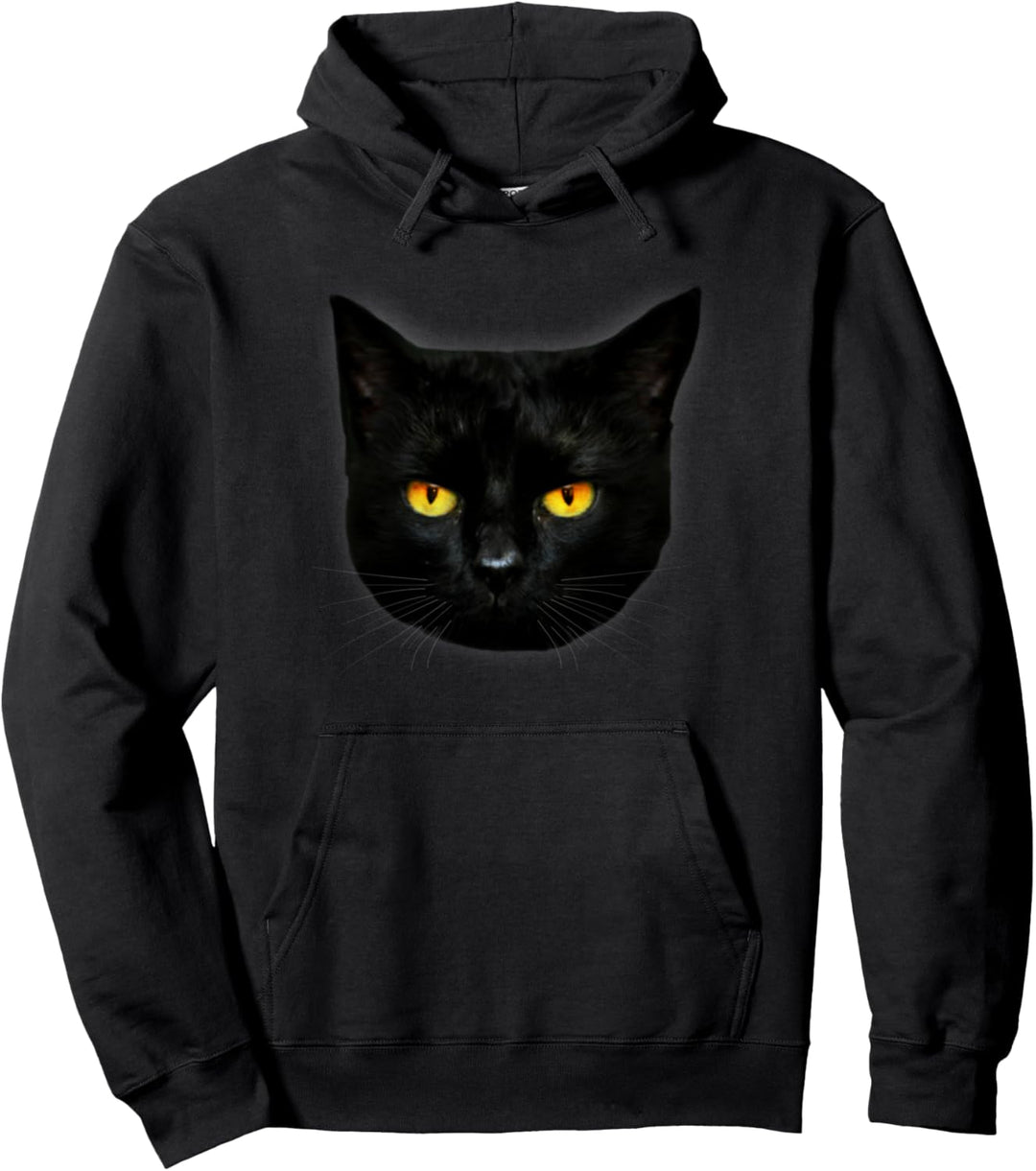 Black Cat Head Big Yellow Eyes Straight Ears Mysterious Dark Pullover Hoodie