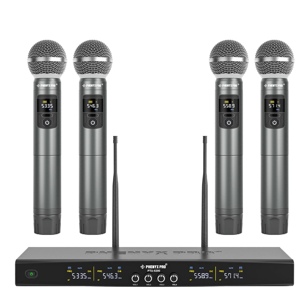 Phenyx Pro Wireless Mikrofon Set mit 4 Funkmikrofonen, 4x25 einstellbare UHF-Frequenzen, 200ft Reich