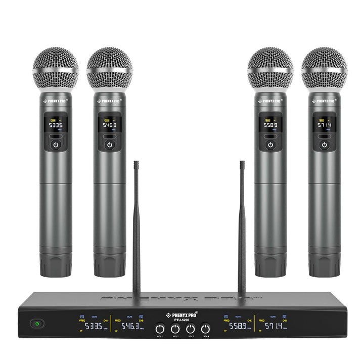 Phenyx Pro Wireless Mikrofon Set mit 4 Funkmikrofonen, 4x25 einstellbare UHF-Frequenzen, 200ft Reich