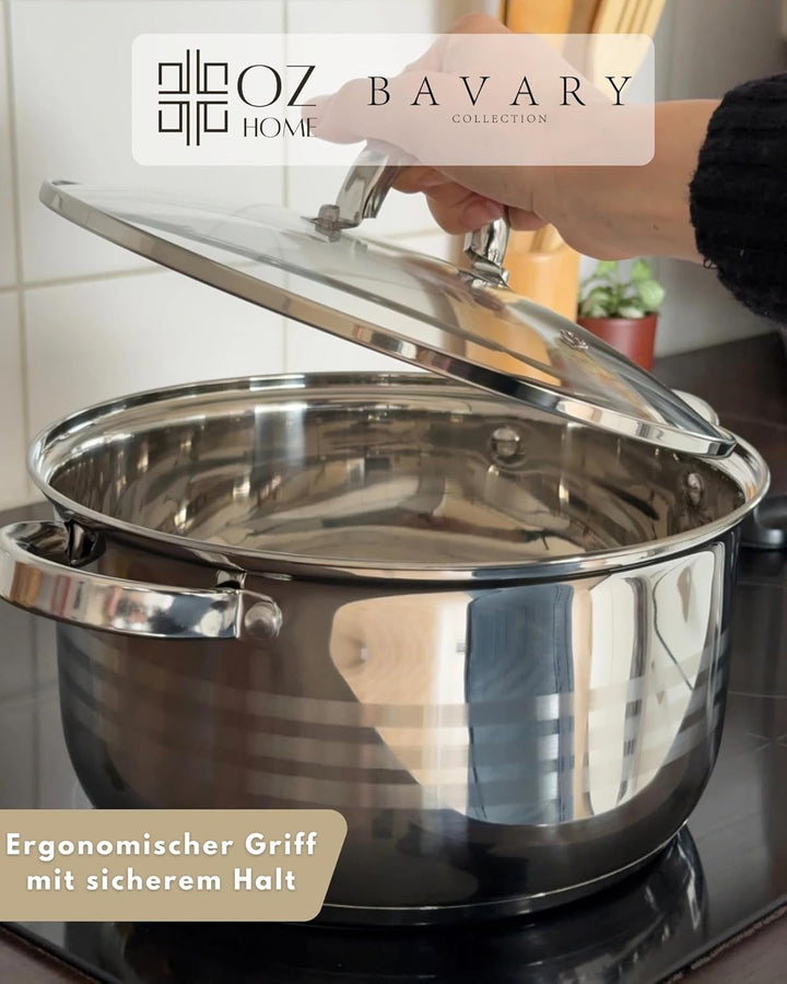 BAVARY Topfset, 8-teilig – 18/10 Edelstahl-Kochtopfset mit Glasdeckeln – Supercapsule-Boden – geeign