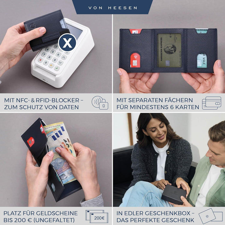 VON HEESEN Leder Slim Wallet - Geldbeutel mit RFID Schutz - Mini Geldbörse für Herren und Damen - Ka
