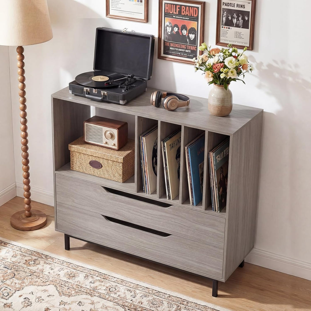 COSTWAY Plattenspielerständer, Mittelalter Plattenspielertisch mit offenem Fach, 4 Vinyl-Fächern & 2