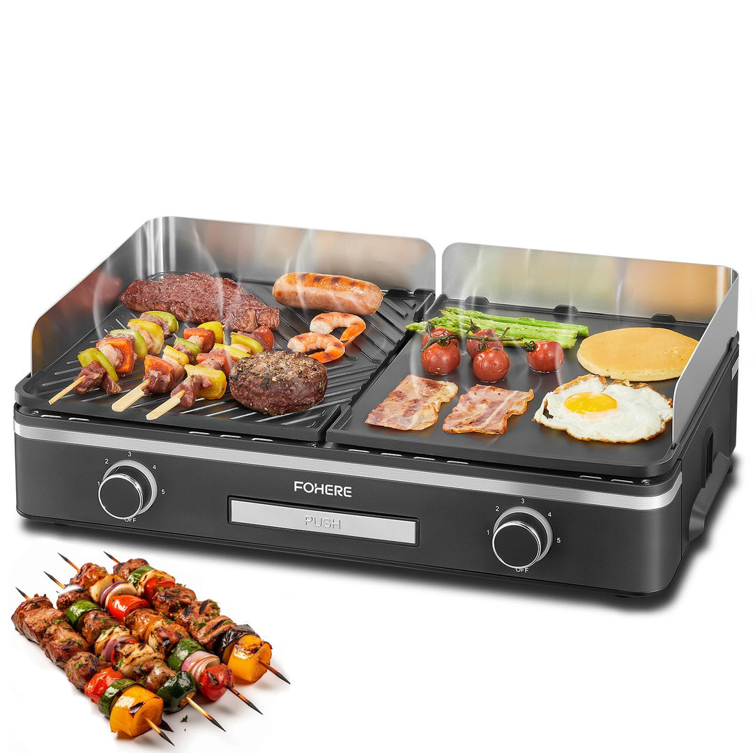 FOHERE Elektrogrill Tischgrill mit 2 Getrennt Regelbaren Grillplatten (Glatt & Gerillt), Extra gross