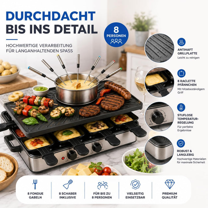 8 Personen Set Raclette - Mit Grillplatte & Steinplatte Funktion - Tischgrill inkl. Pfännchen & Scha