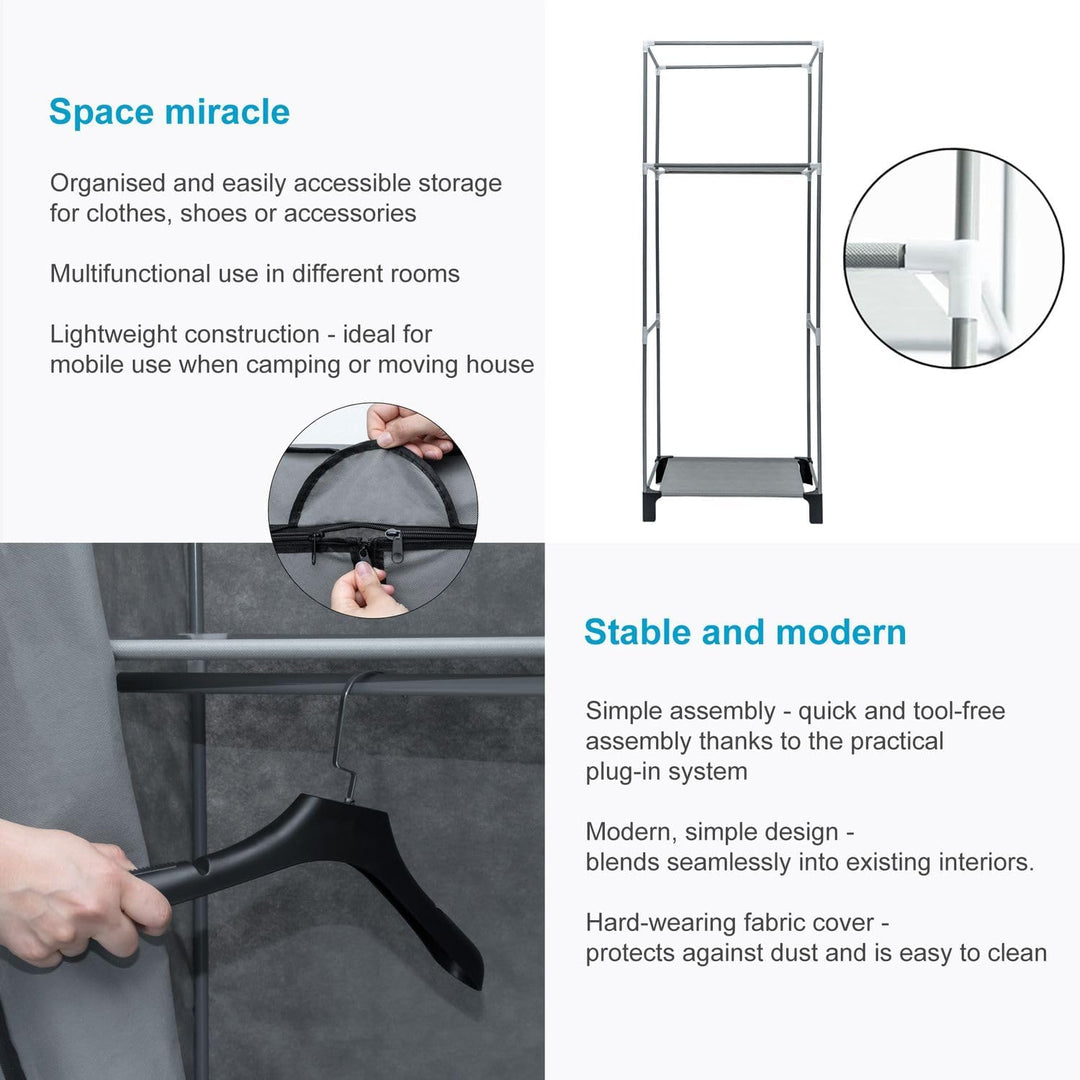 INTIRILIFE Faltschrank 68 x 45 x 175 cm in GRAU - Mit Reissverschluss Stoffschrank Kleiderschrank mi