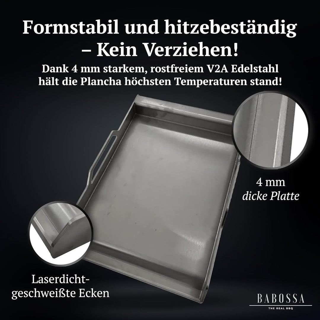 BABOSSA Plancha 2.0 – Grillplatte Edelstahl Medium 30 x 40 cm – Premium Griddleplatte für Gas und Ko