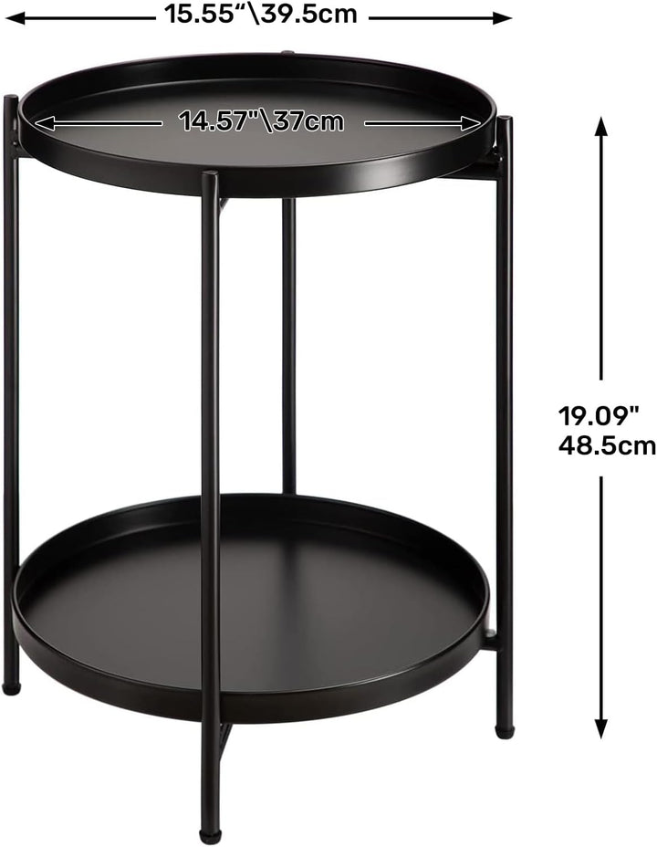HollyHOME Runder Beistelltisch, 2 Ebenen Beistelltisch Metalltablett, Snacktisch, Couchtisch, Teetis