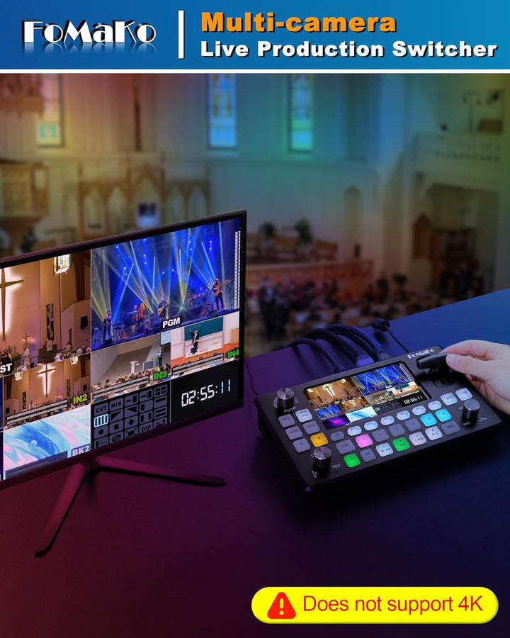 FoMaKo Video Switcher HDMI 4-Kanal für Multikameras, Video Mixer mit 5.5-Zoll LCD Bildschim, 1080P 6