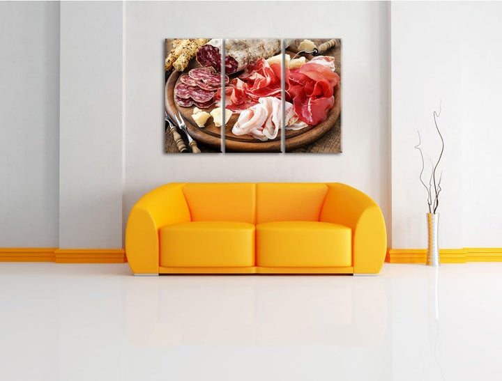 Brotzeit mit Wurst als 3-Teiler Leinwandbild 120x80 Bild auf Leinwand, XXL riesige Bilder fertig ger