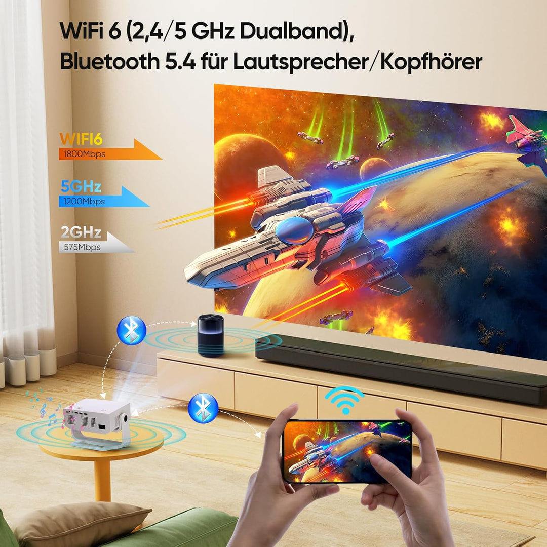 Smart Beamer Full HD 1080P mit 4K Unterstützung, Android 11, 28000 Lumens Helligkeit, 120° Verstellb