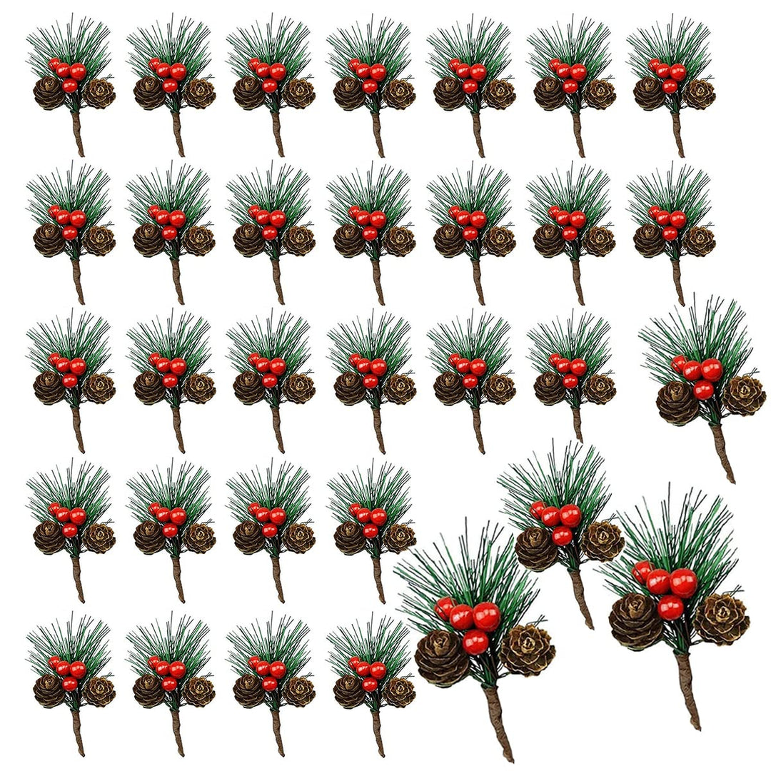WideSmart 32 Stück Kleine künstliche Tannenzweige, Weihnachtsbeeren Tannenzweige Künstliche Kiefernz