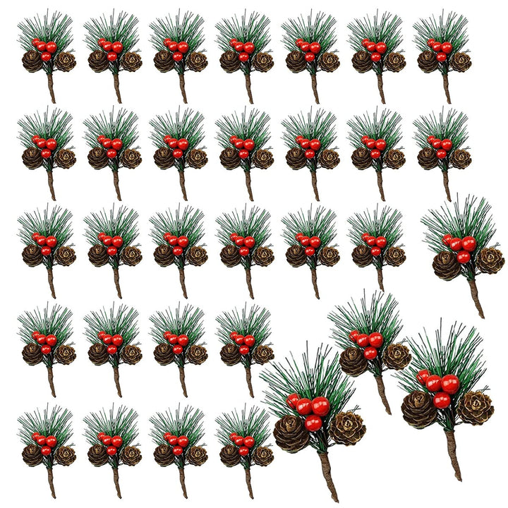 WideSmart 32 Stück Kleine künstliche Tannenzweige, Weihnachtsbeeren Tannenzweige Künstliche Kiefernz
