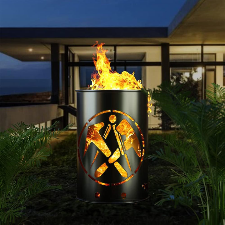 Feuertonne mit - Dachdecker - Motiv - Gefertigt aus neuem Ölfass - Besondere Feuerstelle für Garten
