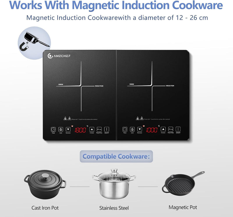 AMZCHEF induktionskochplatte 2 platten mit separaten Steuerelementen, 10 Temperaturstufen, Einstellb