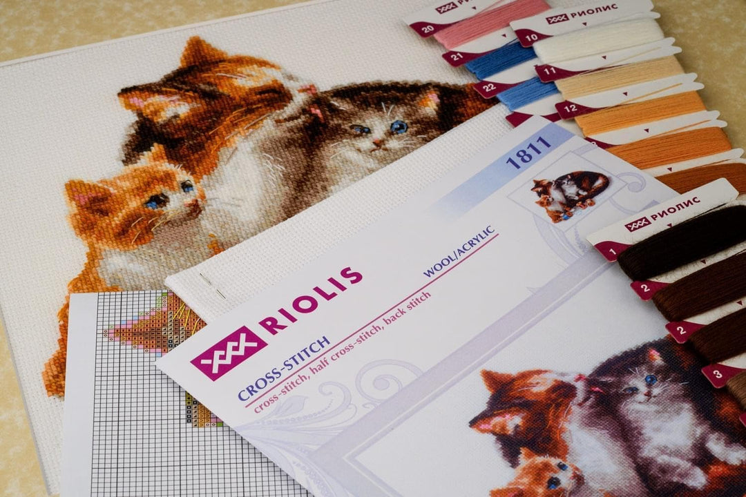 Riolis 1811 Katze mit Kätzchen, Zählmuster Kreuzstich-Set, Baumwolle, mehrfarbig, 3024cm