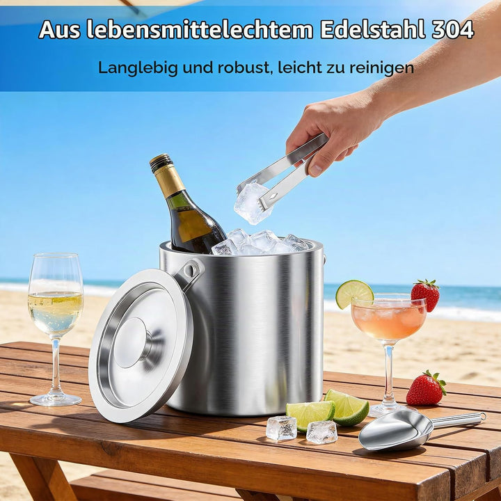 3L Eiswürfelbehälter mit Deckel Schaufel und Eiszange, Eiskübel Doppelwandiger für Abkühlen von Bier