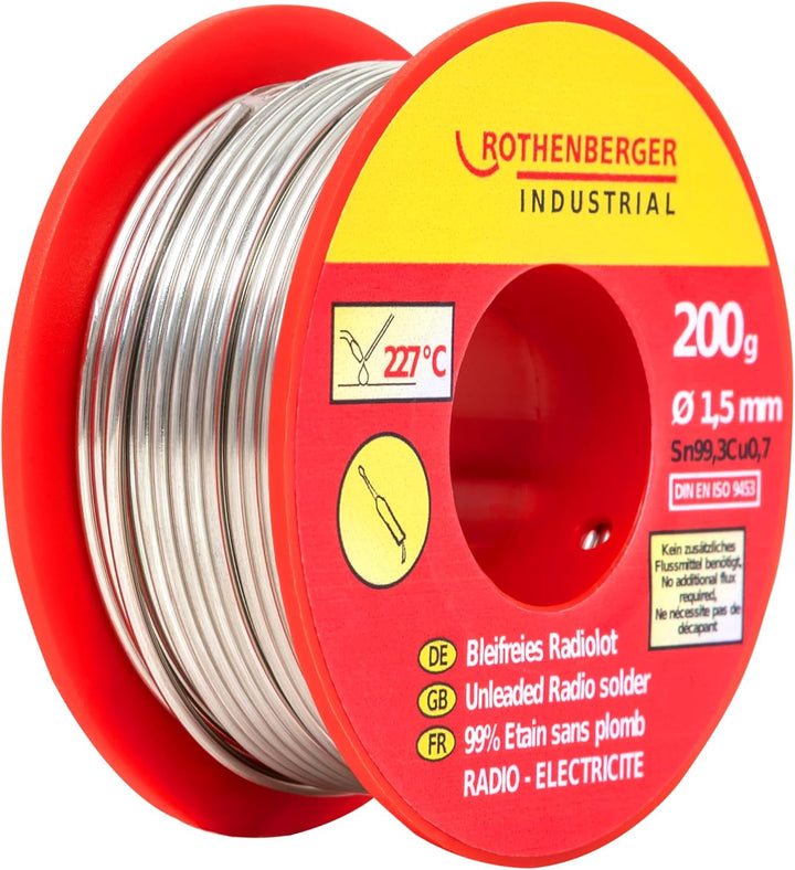 ROTHENBERGER Industrial bleifreies Radiolot für Elektro-Lötarbeiten, 200g-Spule, Ø 1,5 mm
