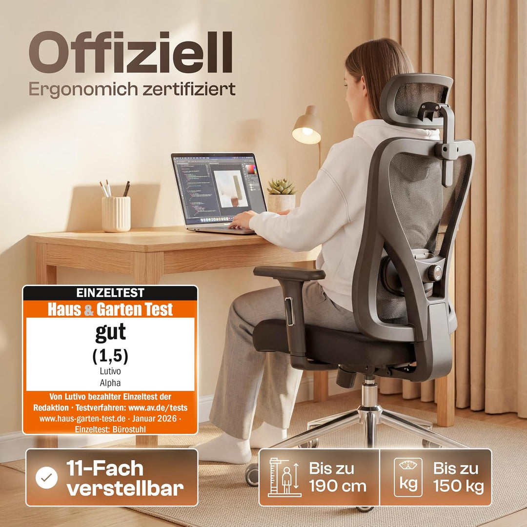 LUTIVO Alpha Bürostuhl ergonomisch [ORIGINAL] Schreibtischstuhl ergonomisch mit 11 Komfort-Einstellu