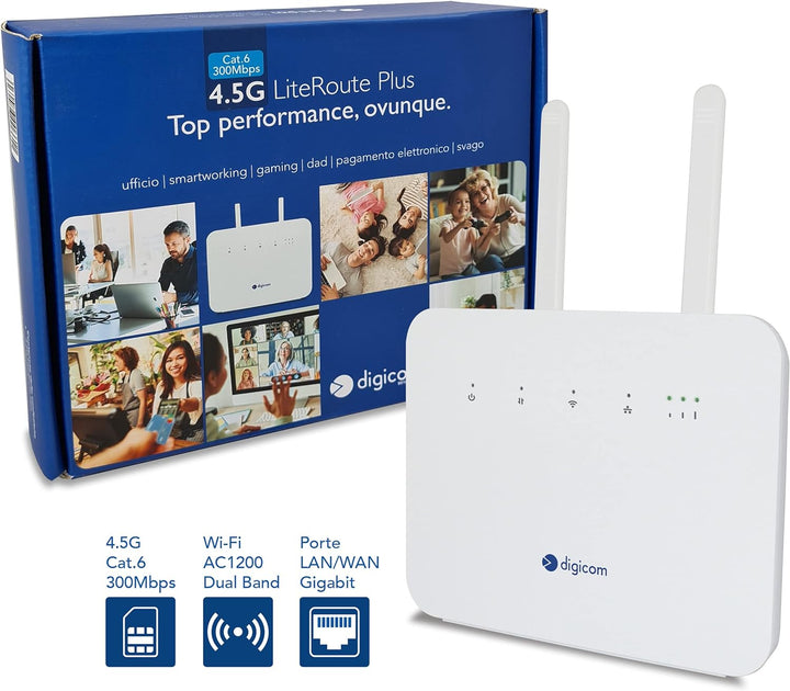 Digicom 4G+ LiteRoute Plus Router 4.5G CAT6 300Mbps, WLAN AC1200 Dual-Band, 4 Ports (3LAN - 1LAN/WAN