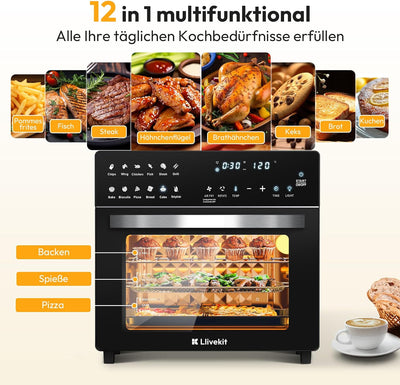 LLIVEKIT Heissluftfritteuse Minibackofen 26L, 1700W Airfryer XXL mit 12 Programmen und Rezeptbuch, H