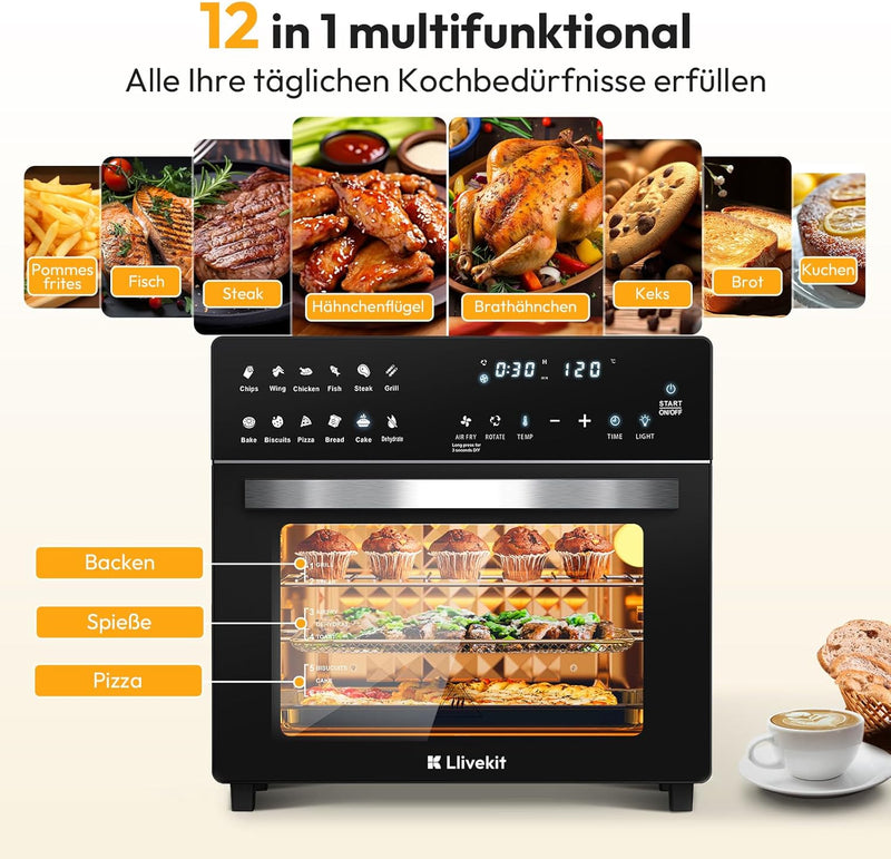 LLIVEKIT Heissluftfritteuse Minibackofen 26L, 1700W Airfryer XXL mit 12 Programmen und Rezeptbuch, H