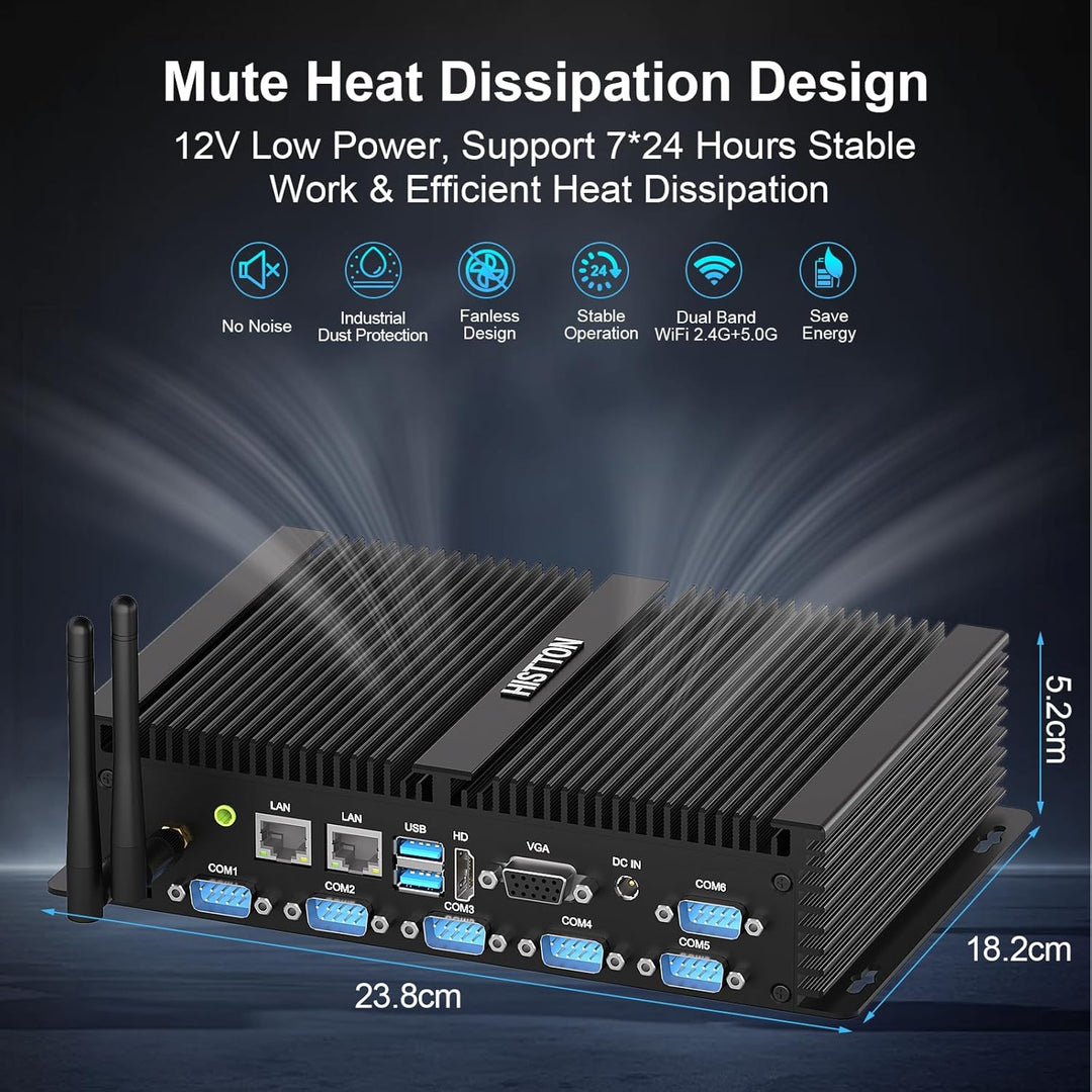 HISTTON Lüfterlos Industrie Mini PC,Desktop Computer i7-8550U,DDR4 16 GB RAM 512 GB SSD,6RS232 COM,W