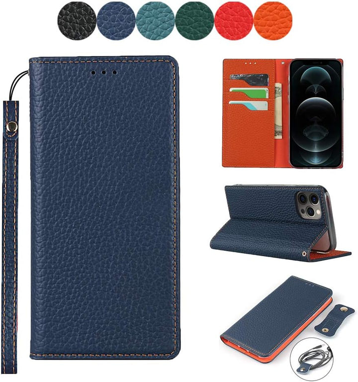 Brieftasche Hülle für iPhone 12/12 Pro, Litschi Genarbtes Echtleder Hülle [Kartenfächer] [Standfunkt
