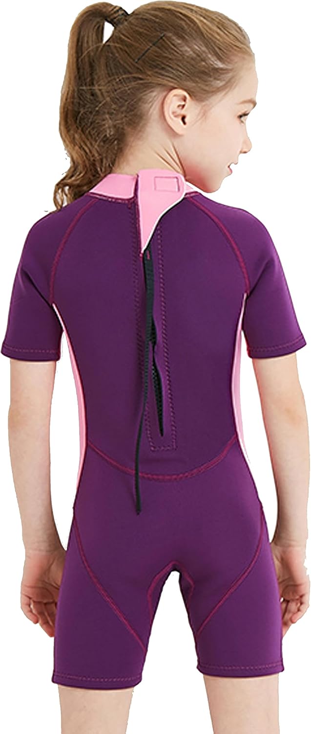 Mädchen 2.5mm Neoprenanzug Kinder Einteiler Tauchanzug Kurzarm Shorty Badeanzug Patchwork Sonnenschu