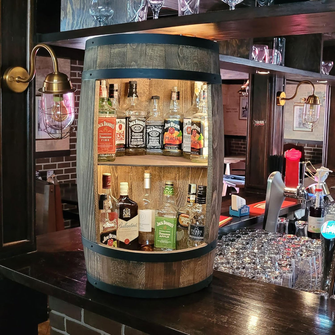 weeco Fassbar mit LED Beleuchtung und Weinhalter. Weinregal - Holzfass Hausbar 80cm. Rustikaler deko