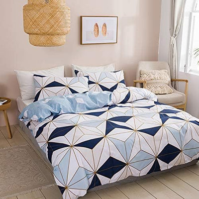 Luofanfei Bettwäsche Set 155x220 Microfaser Bettbezug Blau Weiss 3teilig Dunkelblau Weiss Kariert Ei