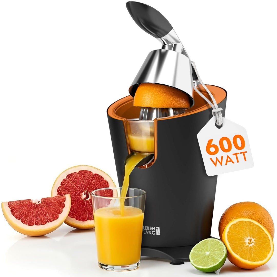 LEBENLANG Orangenpresse elektrische Edelstahl 600W - Inkl. Edelstahlkegel & BPA-Frei I Hohe Saftausb