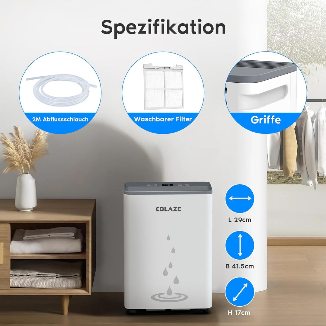 COLAZE Luftentfeuchter 20L/24h, Luftentfeuchter Elektrisch für Raumgrössen bis zu 150m³/50m², Entfeu