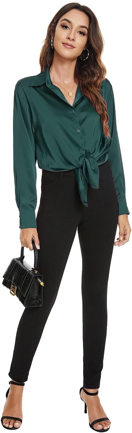 Atnlewhi Damen Bluse Langarm Knöpfen Satin Seide Hemden Basic Kent Kragen Arbeit Büro Formelle Casua