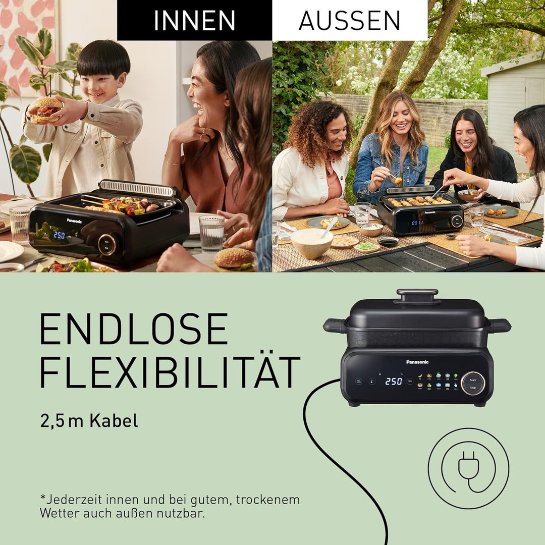 Panasonic NF-GM600 6-in-1 Elektro-Multikocher, Elektro Tischgrill, Plancha, Braten, Slow Cook, BBQ,