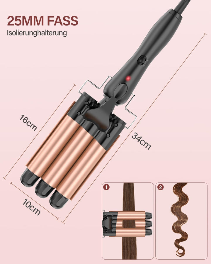 Lockenstab 3 FäSser Beach Waves Welleneisen für Haare, 25mm Kleine Locken Keramik Lockeneisen-Temper