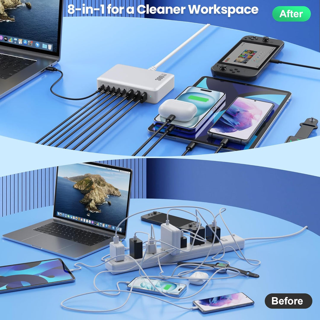 300W USB C Ladegerät Mehrfach, 8 Ports Schnellladegerät Ladestation Mit 5 USB-C und 3 USB-A Charger
