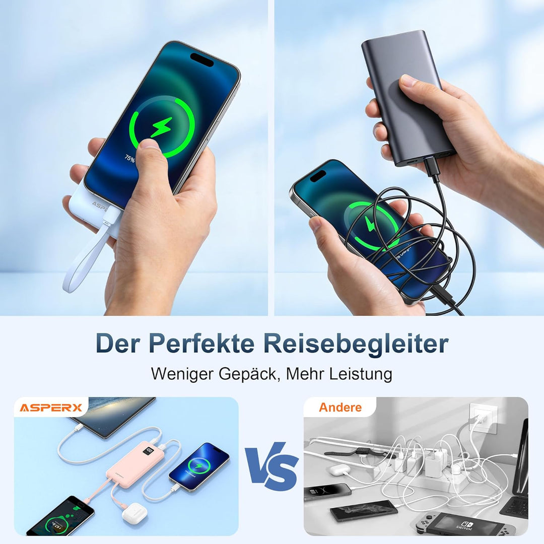 AsperX 2er Powerbank 10000mAh mit USB-C Kabel,4 Ausgängen Schnellladen,Power Bank Klein Aber Stark m