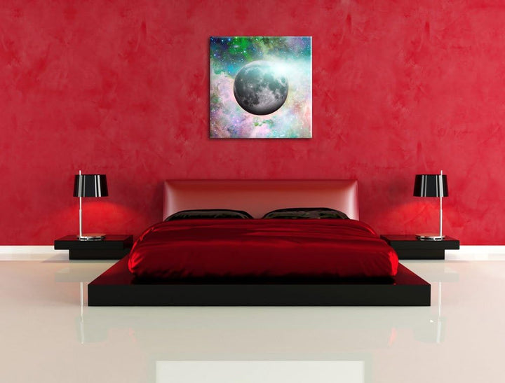 unser Mond im Sternenstaub, Format: 70x70 auf Leinwand, XXL riesige Bilder fertig gerahmt mit Keilra