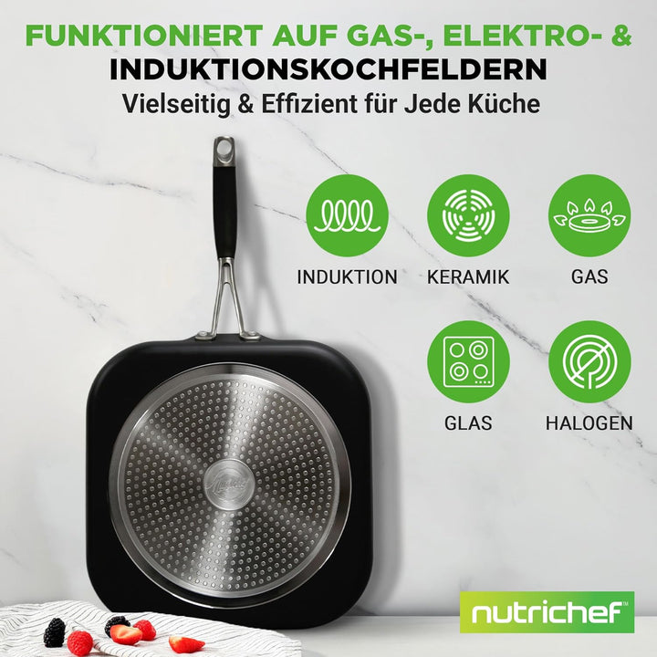 NutriChef Kupfer Bratpfanne Induktion – 28 cm, Antihaft, Viereckig Gesundes Kochen ohne Beschichtung